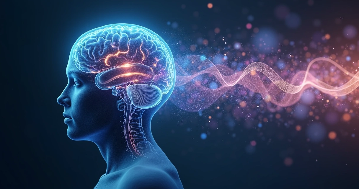 Cérebro humano iluminado com padrões de energia e ondas ao redor 