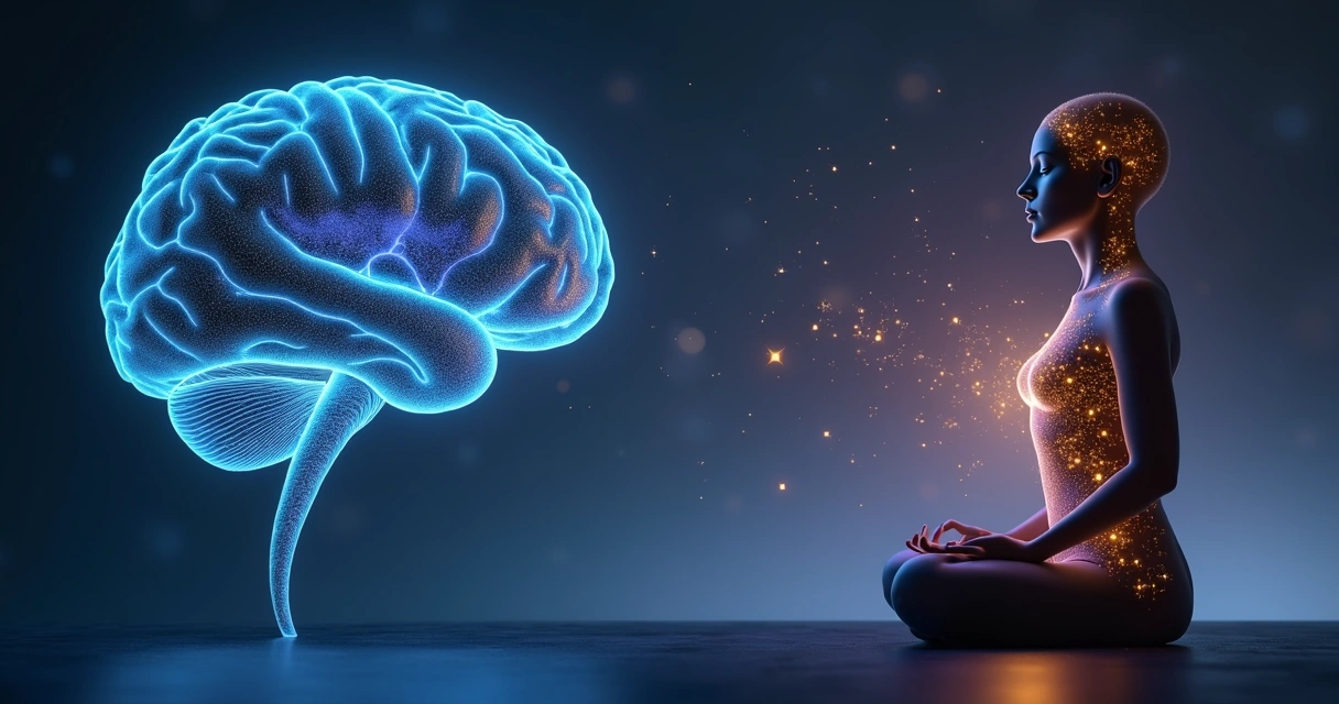 Cérebro humano e silhueta meditativa ligados por conexões luminosas 