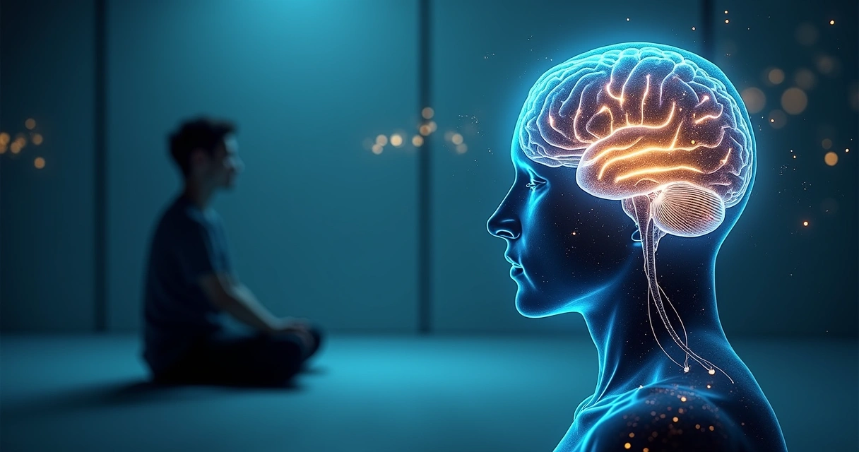 Cérebro humano iluminado com pessoa em posição de meditação ao fundo 