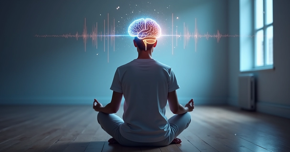 Cérebro humano iluminado sobre pessoa meditando em posição de lótus 