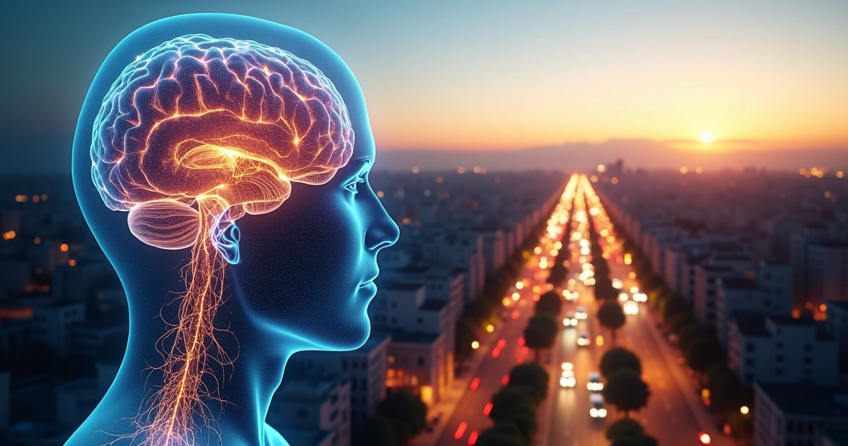 Cérebro humano integrado a uma cidade vista de cima simbolizando percepção expandida 