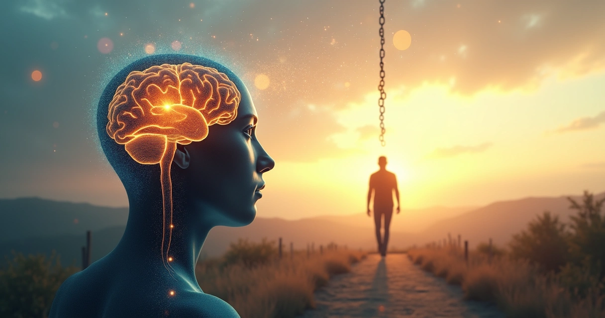 Cérebro humano integrado a uma pessoa deixando ir um peso e seguindo em frente 