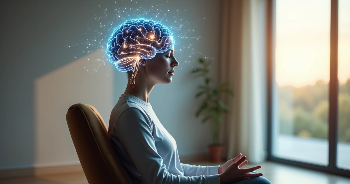 Pessoa meditanto com cérebro iluminado em ambiente calmo e tecnológico 