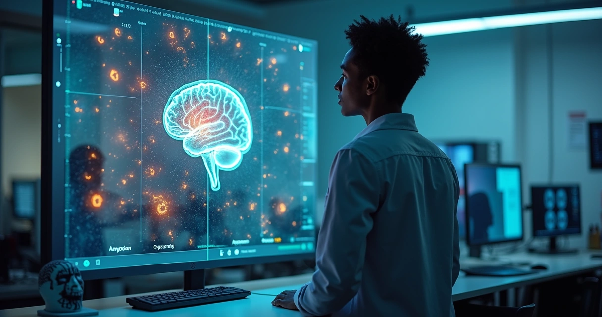 Pesquisador observando atividade cerebral colorida sobreposta a silhuetas de rostos diversos 