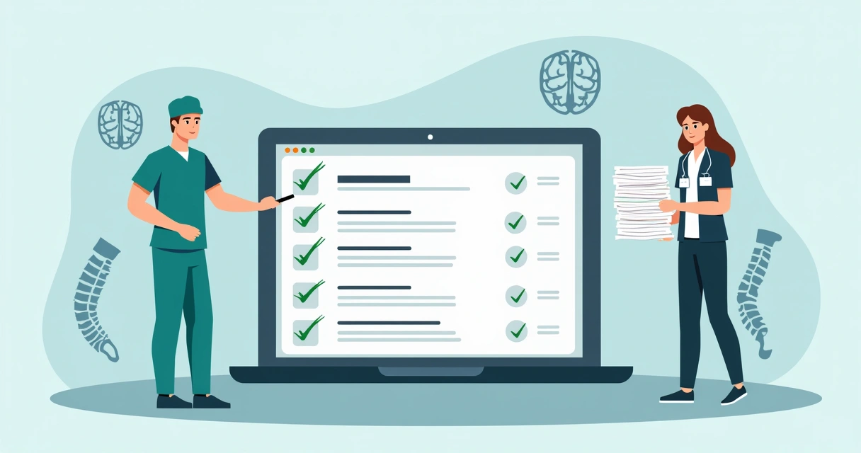 Ilustração de checklist neurocirúrgico digital com itens de OPME organizados 