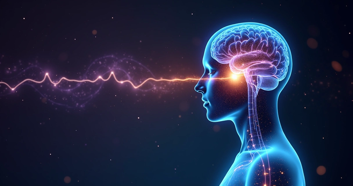 Cérebro humano em sincronia luminosa com o coração formando campo energético coerente 