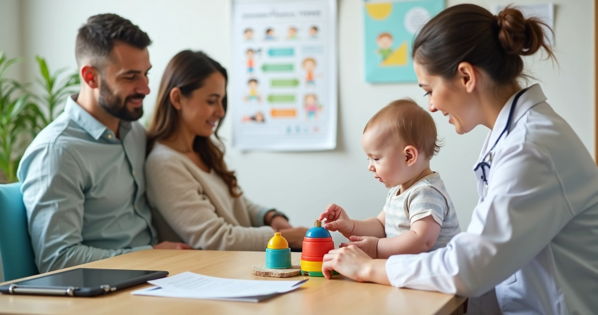 Pediatra avaliando desenvolvimento de bebê em consulta com os pais 