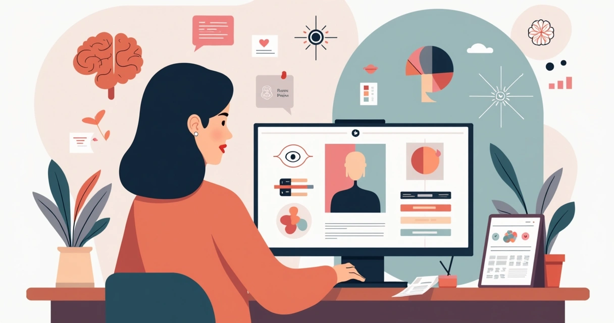 Ilustração de mulher analisando elementos de design para branding feminino digital 