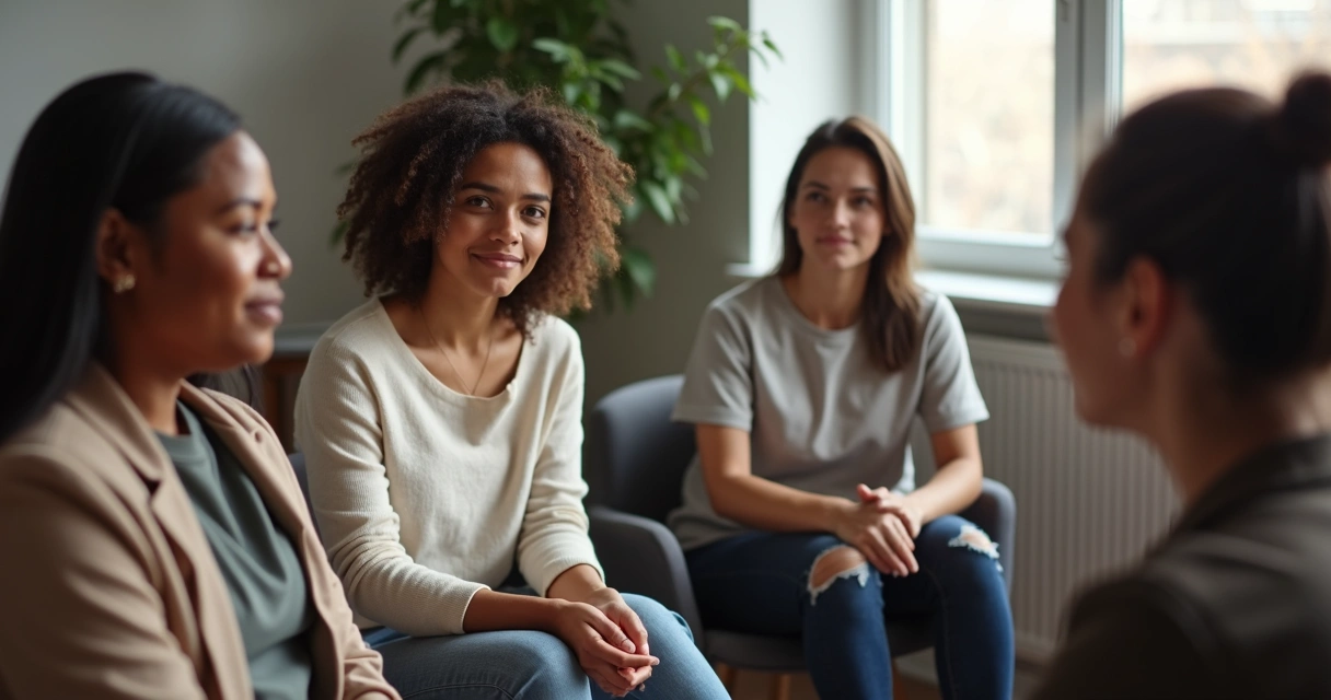 Uma roda de pessoas diversas conversando calmamente, concentração nos gestos e olhares 