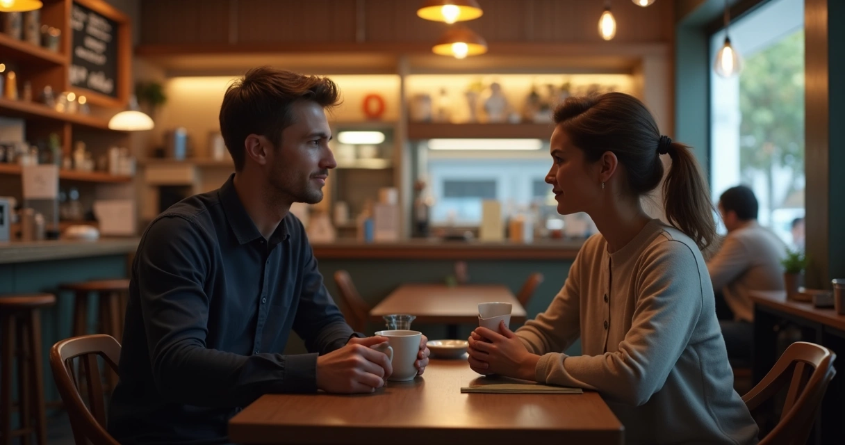 Dois adultos conversando em mesa de café 