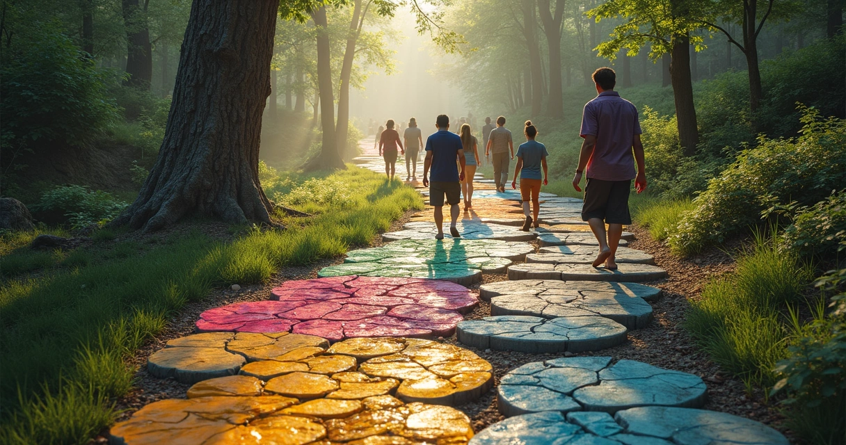 Path in a natural setting with different colored stepping stones, each stone representing a unique growth process