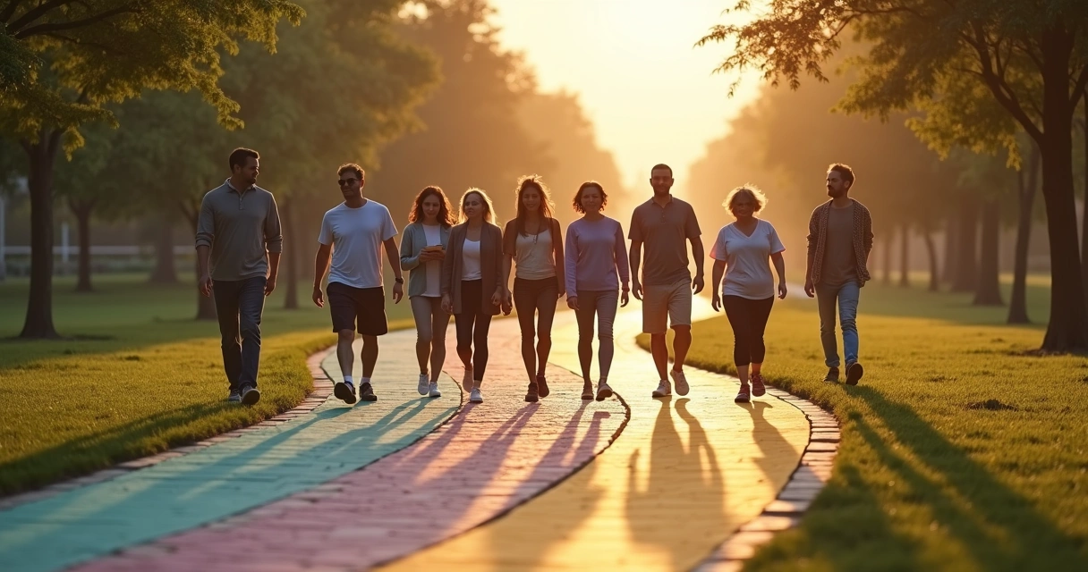 Diverse people walking along a colorful path shaped like a brain 