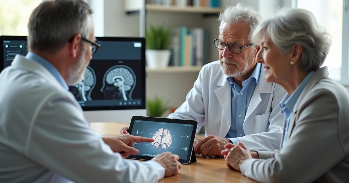 Neurologista mostrando comparações entre Parkinsonismo e Alzheimer a casal idoso na tela de um tablet 