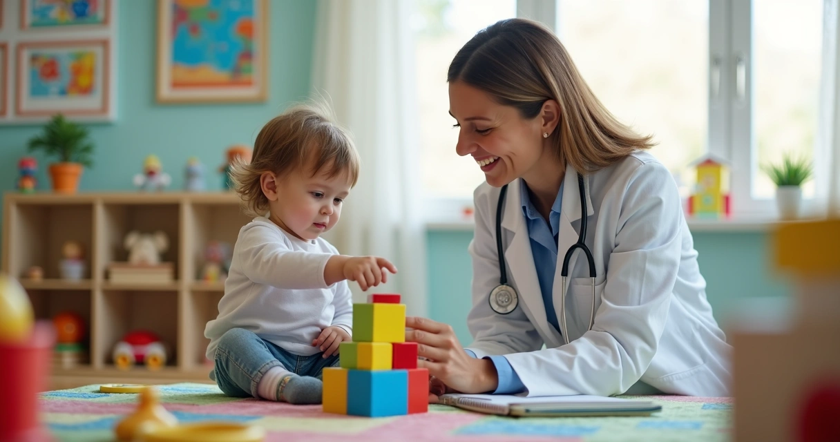 Criança brincando com neurologista pediátrica, explorando desenvolvimento motor e linguagem