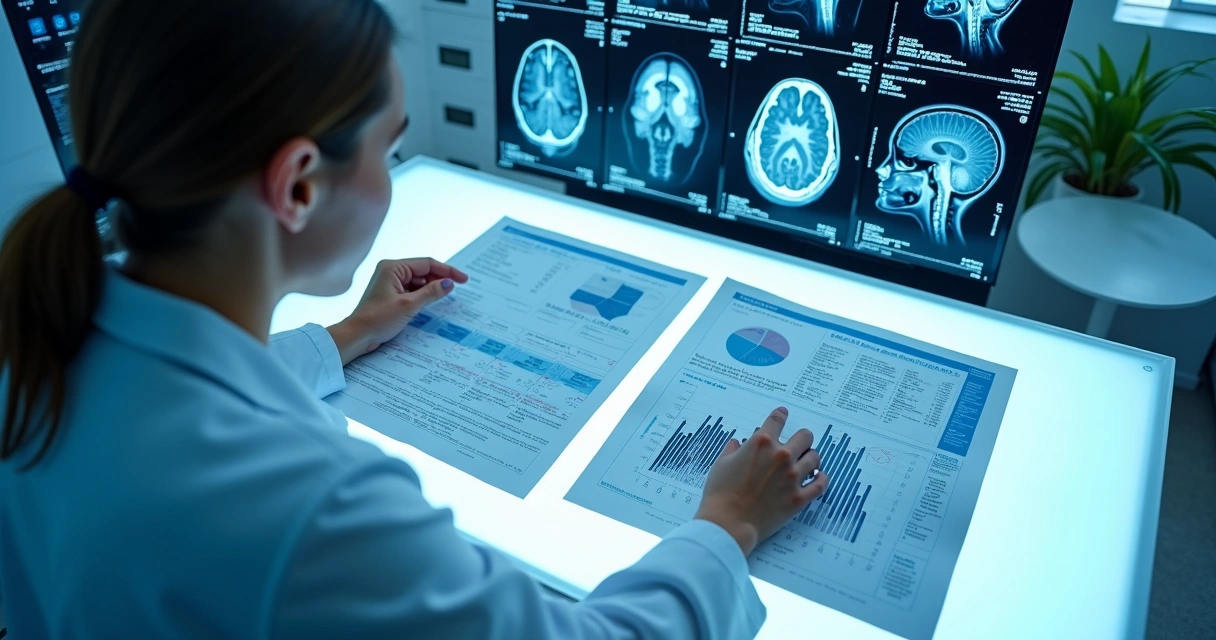 Profissional da saúde analisa exame neurológico em mesa com luz forte e equipamentos médicos 