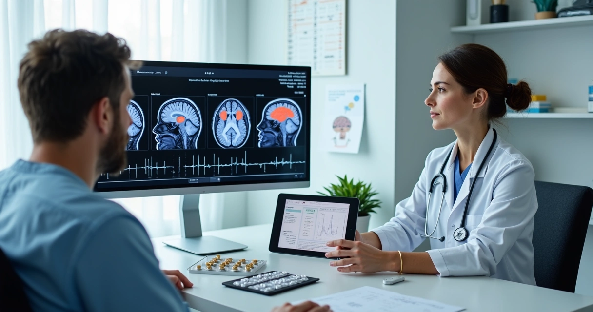 Neurologista avaliando paciente com epilepsia em ambiente de consultório 