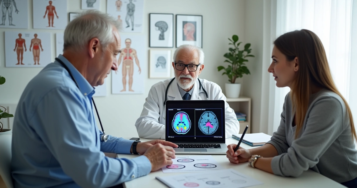 Neurologista explicando tipos de demência para idoso e familiar em consultório 