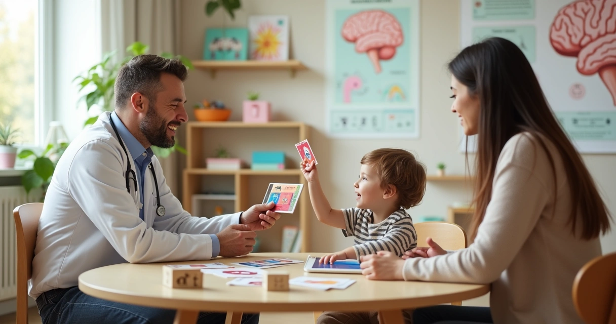 Neurologista infantil usando figuras em cartões para conversar com criança pequena e mãe em consulta. 