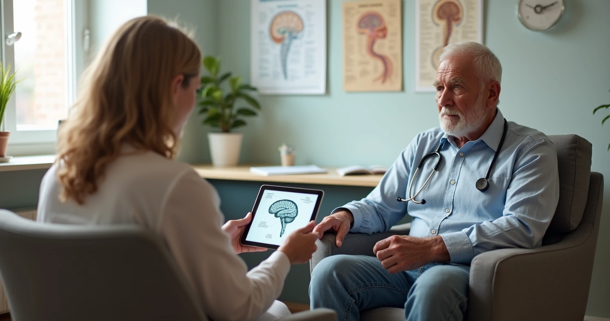Neurologista conversando com idoso com parkinsonismo e cuidadora em consultório 