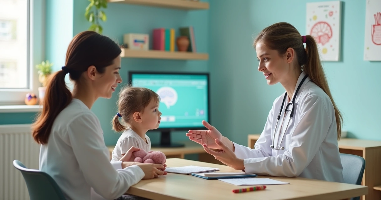 Criança em consulta com neurologista infantil em consultório acolhedor 
