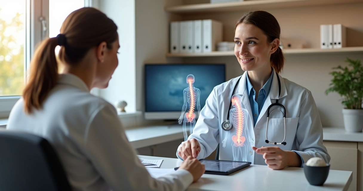 Neurologista conversando com paciente sobre dor crônica em consultório acolhedor 