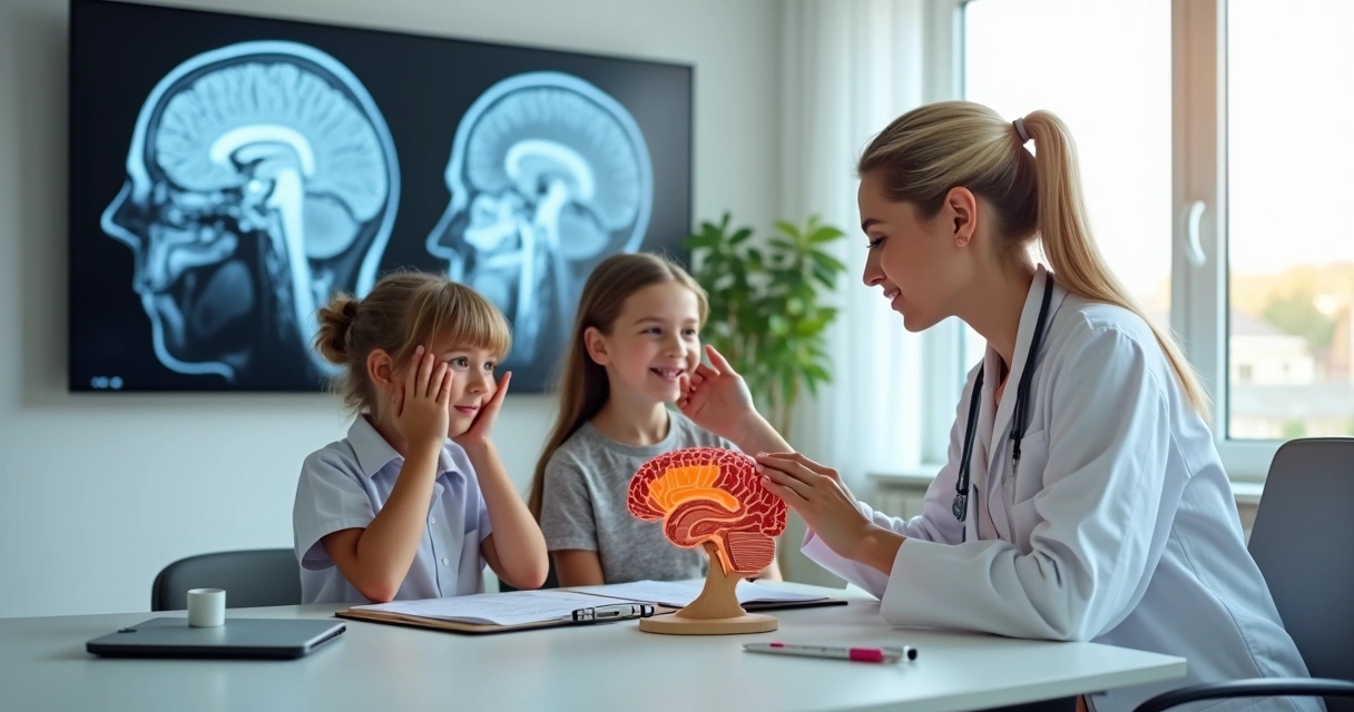 Neurologista avaliando adulto e criança com dor de cabeça no consultório 