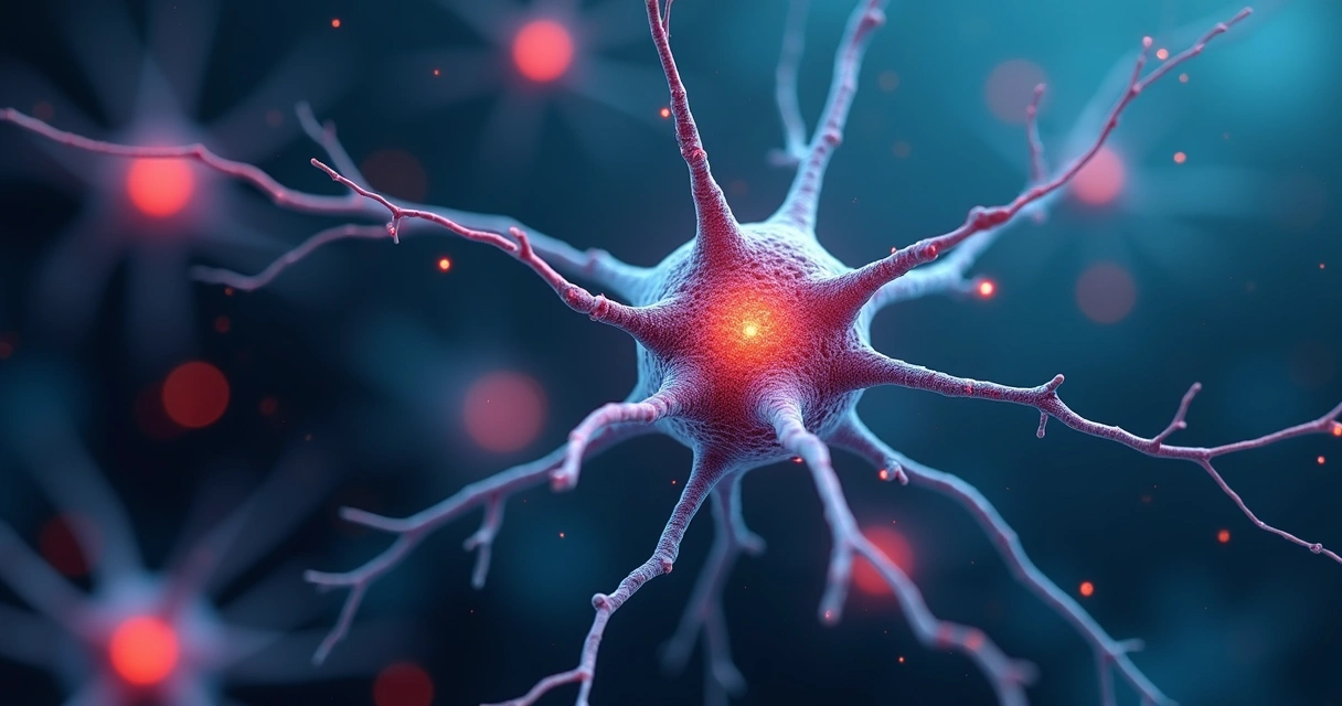 Ilustración de una neurona conectada con señales eléctricas en tonos azules y rojos