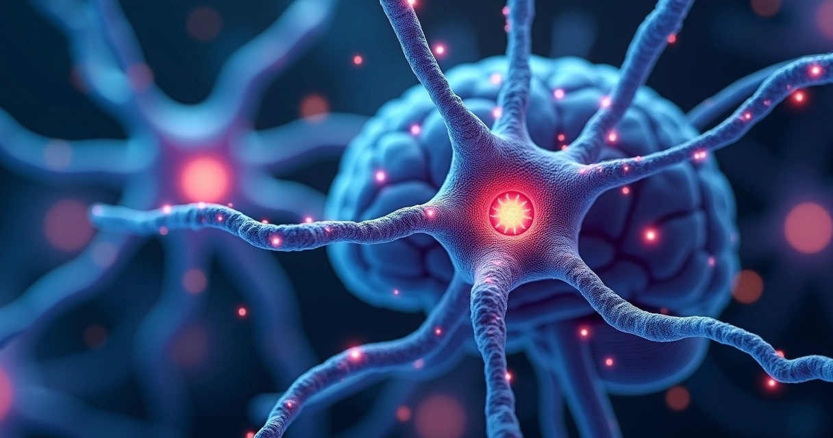 Ilustração detalhada de neurônios conectados no cérebro com sinapses ativas 