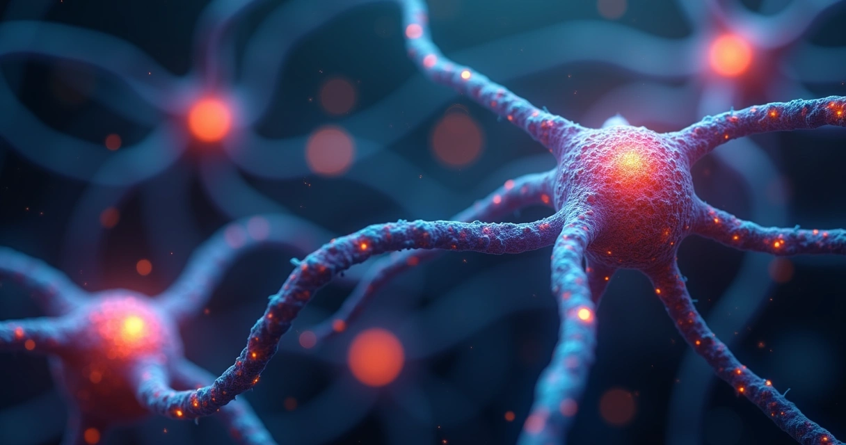 Representação artística de neurônios coloridos interligados transmitindo impulsos elétricos de forma animada. 