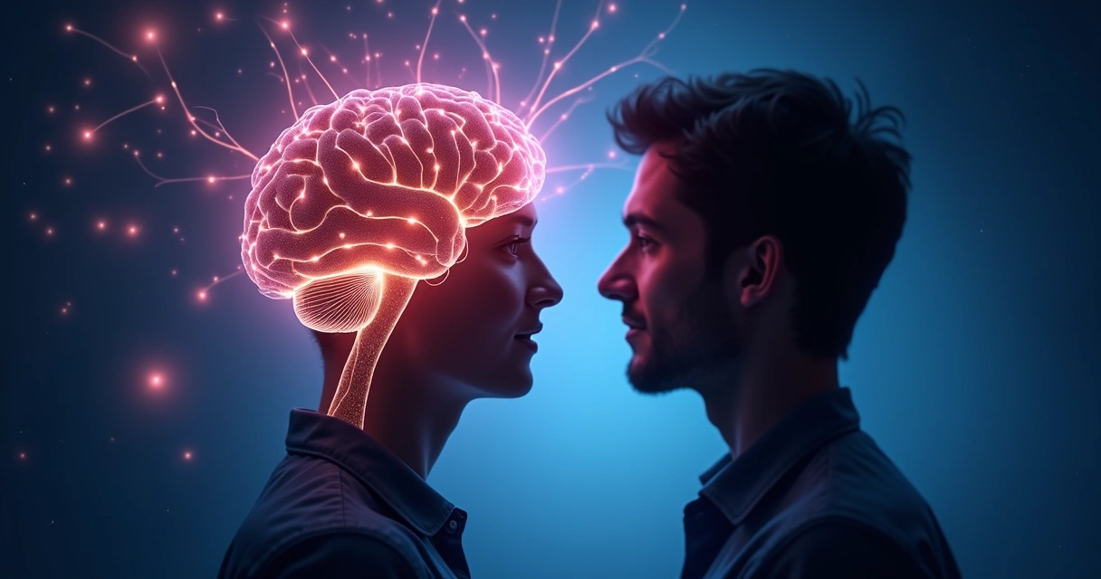 Representação artística do cérebro humano com neurônios espelho em destaque, cores vibrantes 