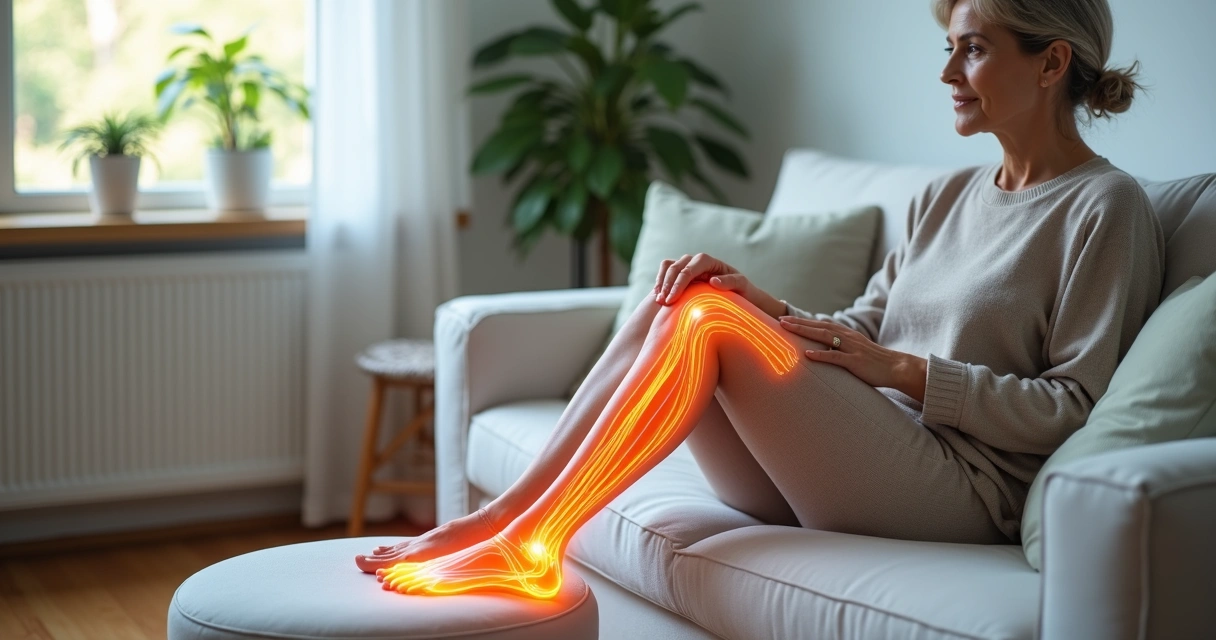 Senhora madura em sala de estar observando ilustração de nervos nas pernas 