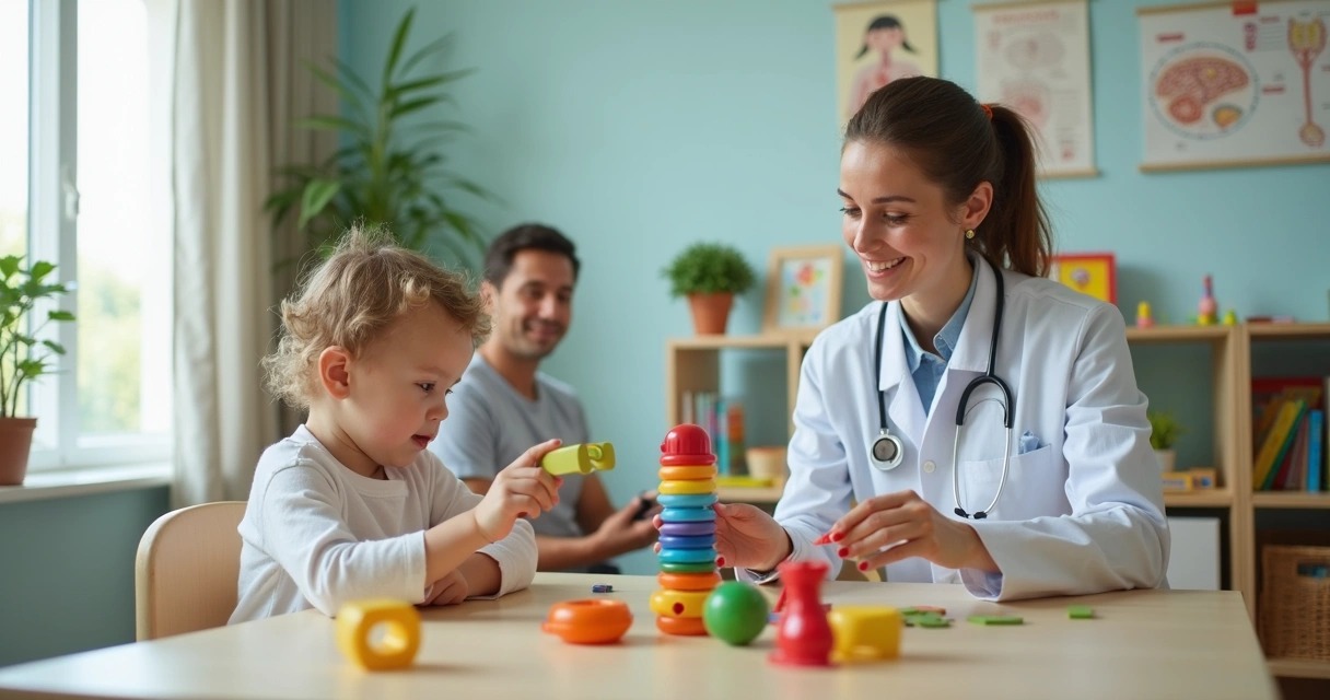 Neuropediatra avaliando desenvolvimento infantil enquanto criança brinca com blocos coloridos 