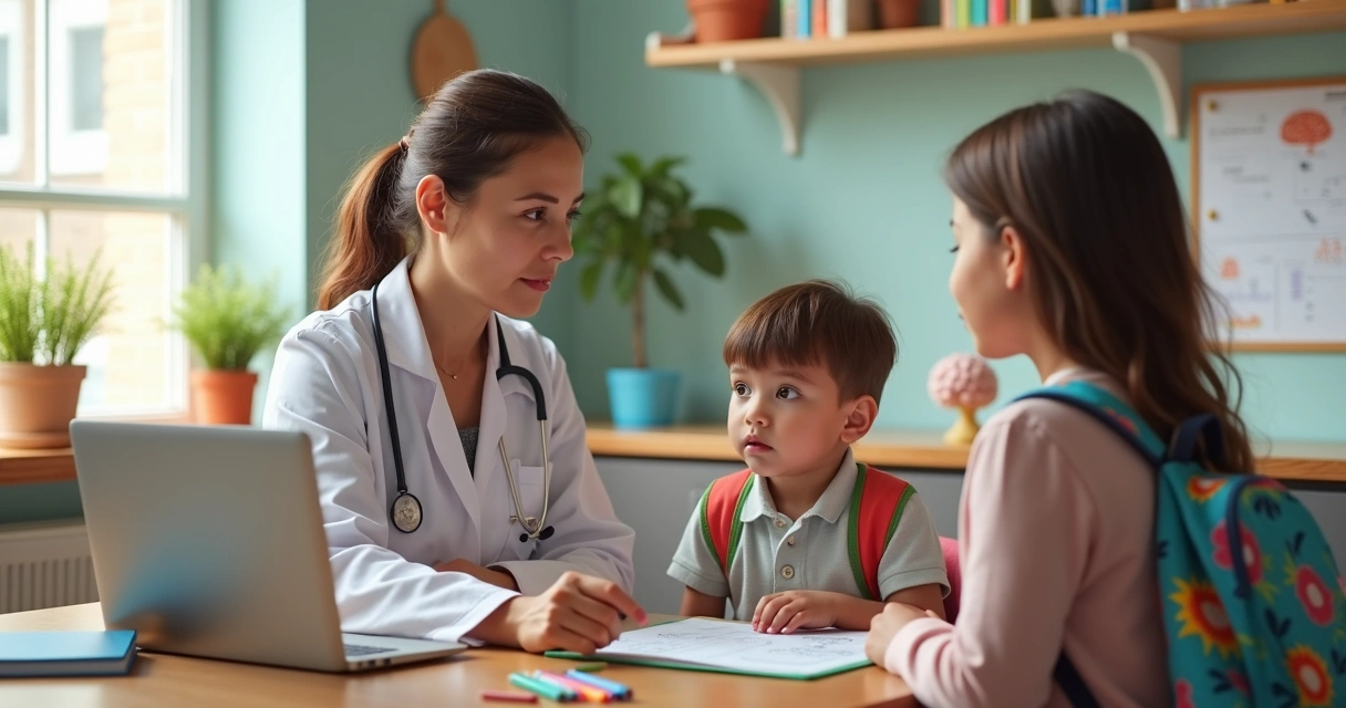 Neuropediatra conversando com criança e mãe sobre dificuldades escolares 