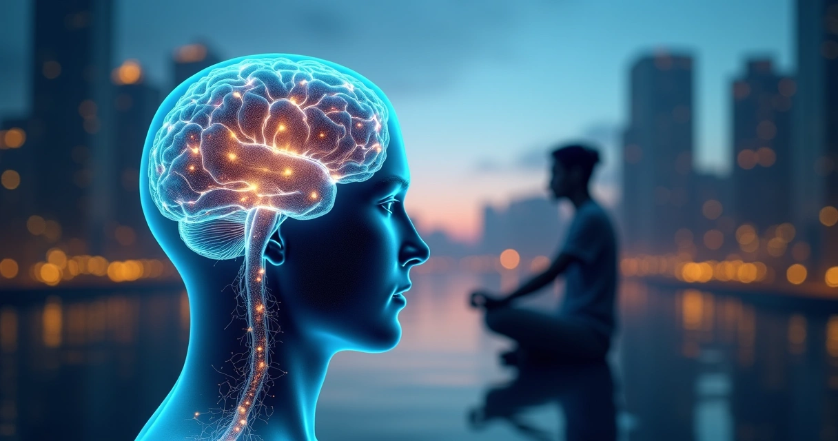 Cerebro humano iluminado con una silueta de adulto meditando frente a una ciudad borrosa 