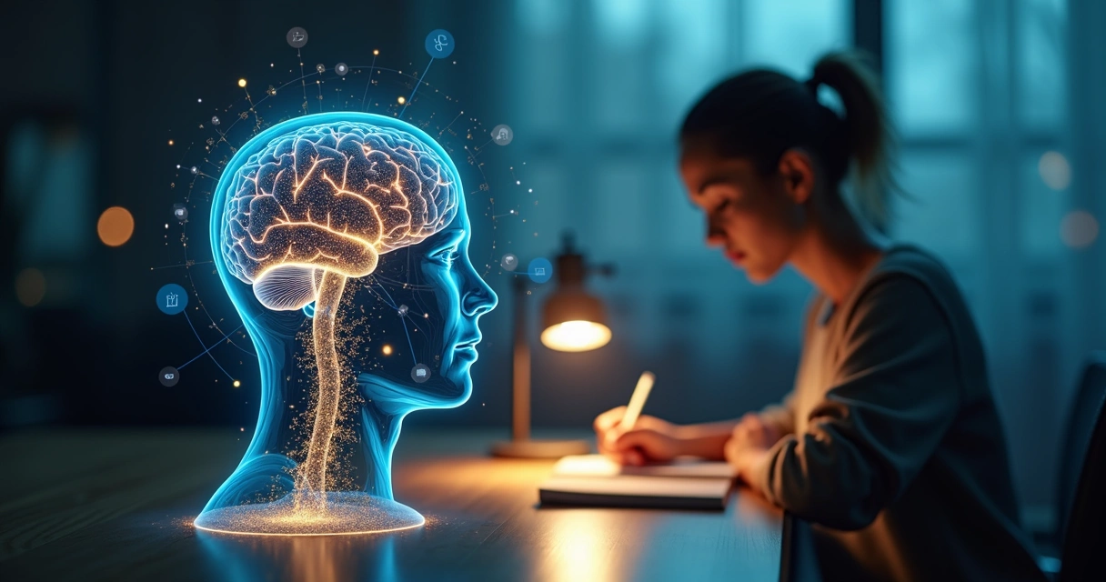 Cerebro humano iluminado con caminos neuronales y una persona cambiando de hábito 