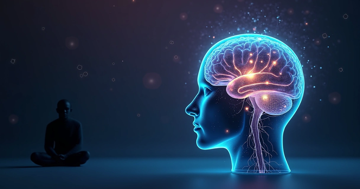 Cerebro humano iluminado conectado con silueta meditativa 