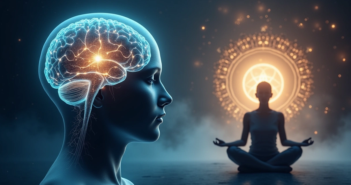 Cerebro humano iluminado conectado con una figura meditativa 