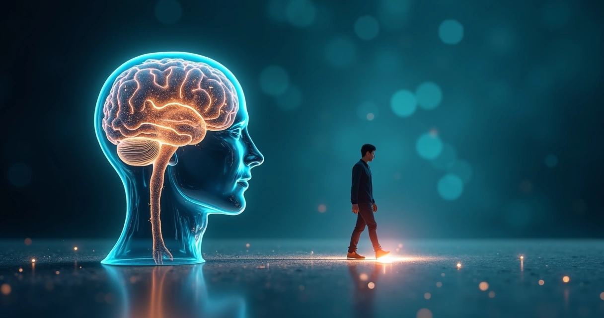 Cerebro humano iluminado con rutas neuronales conectado a una figura humana avanzando hacia adelante 