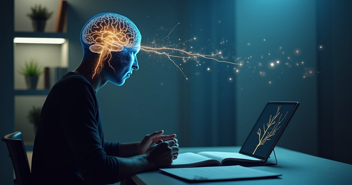 Cérebro humano brilhando com conexões em transformação durante prática de autogestão 