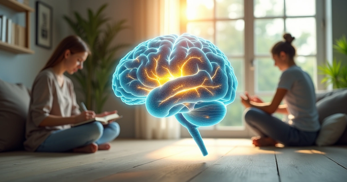 Cérebro humano com conexões iluminadas em cena de rotina diária 