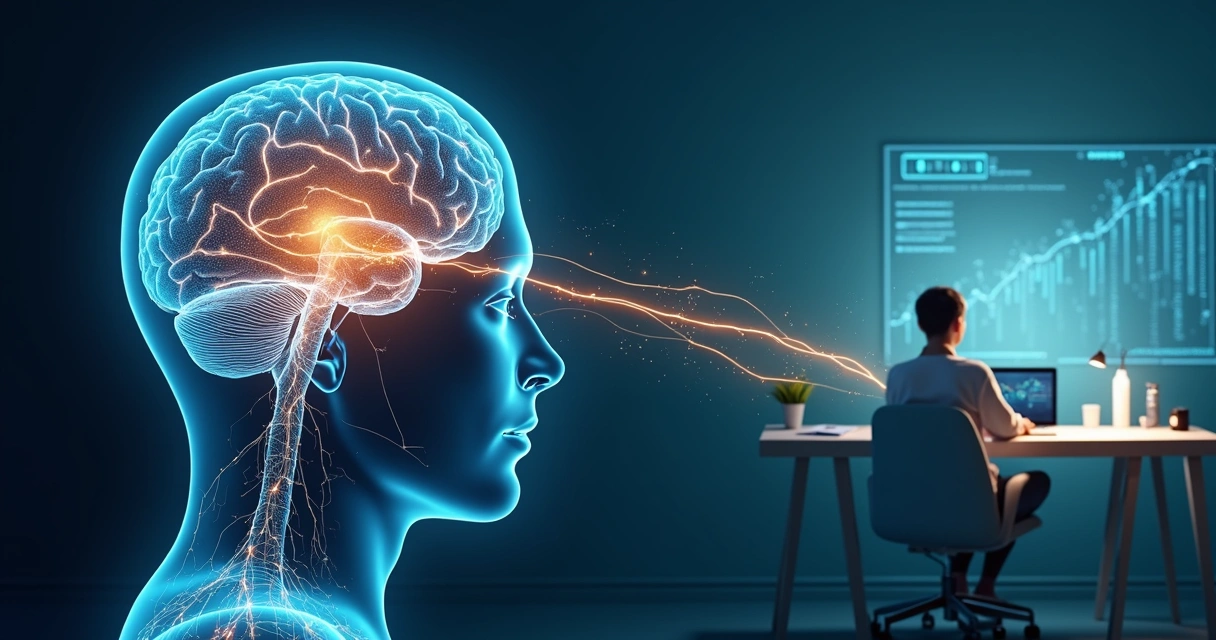 Cérebro humano iluminado conectado a elementos de vida pessoal e trabalho 