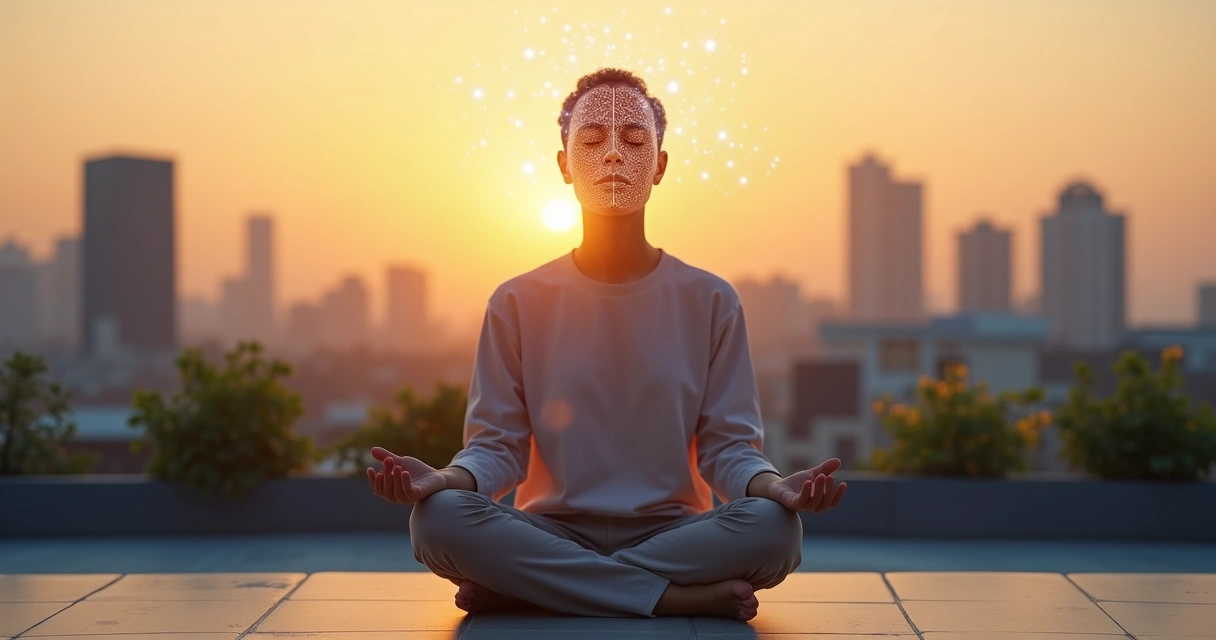 Pessoa meditando com cérebro iluminado em ambiente urbano ao amanhecer 