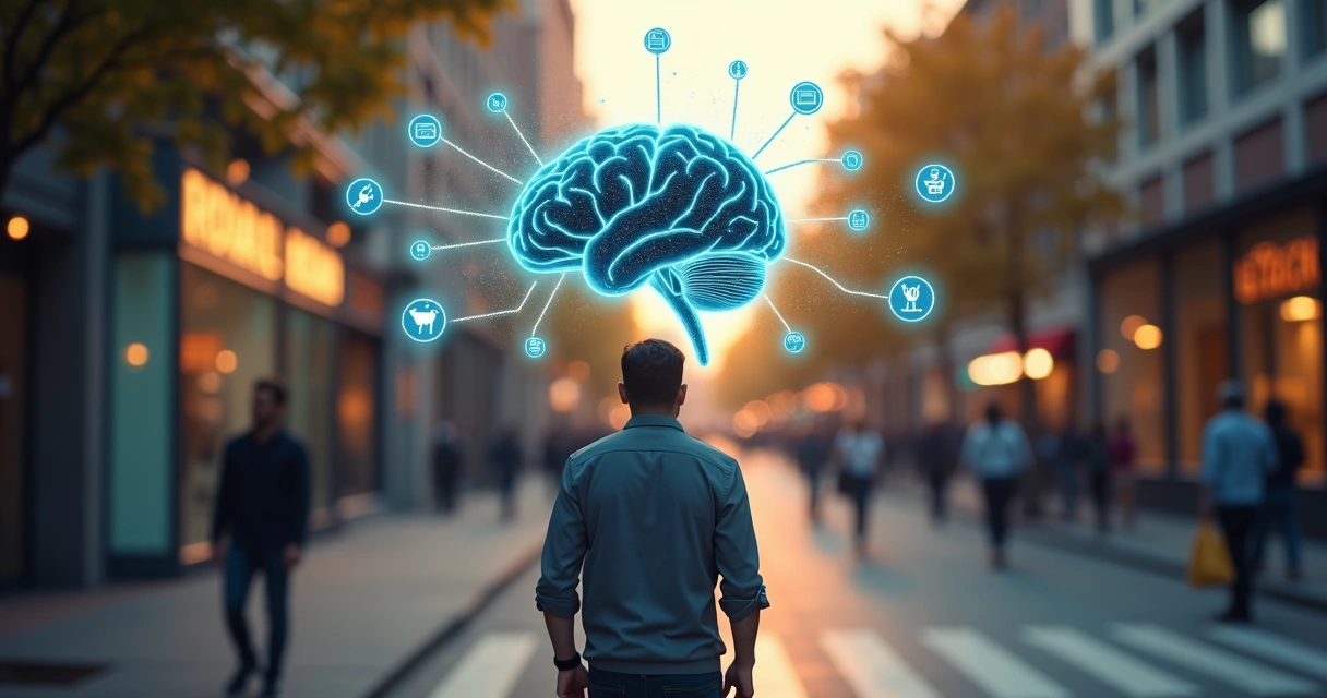 Cérebro humano com caminhos de luz representando escolhas do dia a dia 