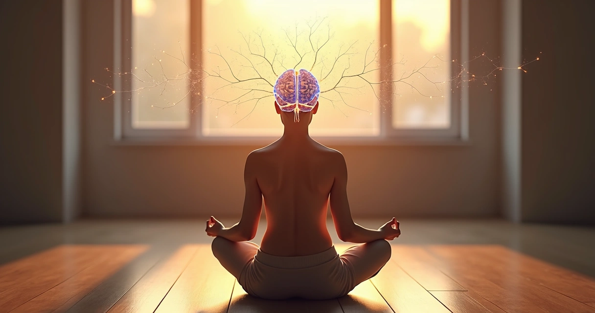 Pessoa em meditação com cérebro iluminado e conexões neurais ao fundo 