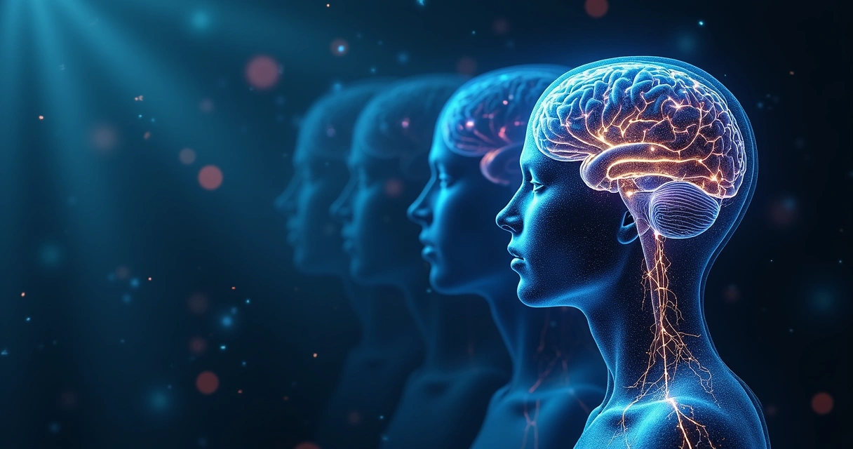 Cérebro humano iluminado com silhueta de pessoa refletindo 