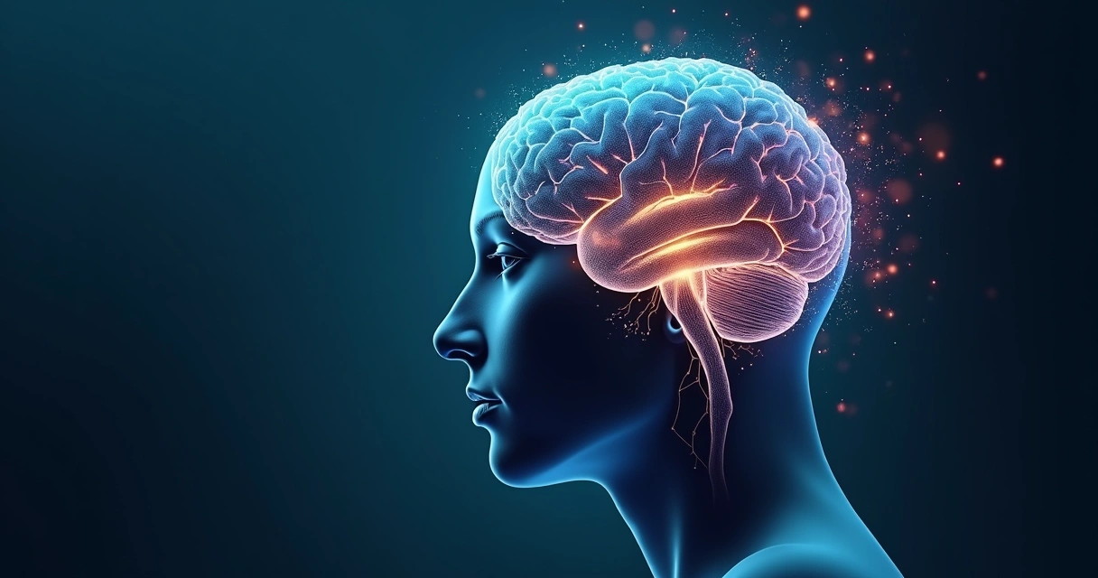 Cérebro humano iluminado com conexões neurais coloridas representando neuroplasticidade e equilíbrio emocional 