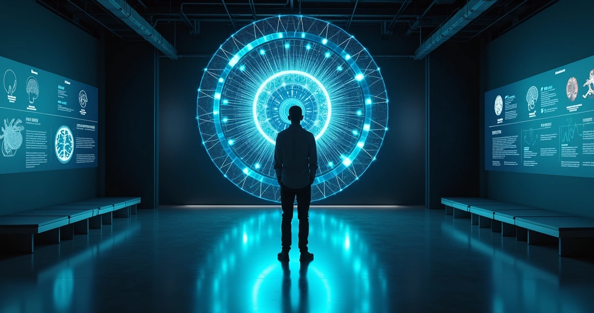 Profissional observa imenso painel circular de trajetórias neurais e carreiras 