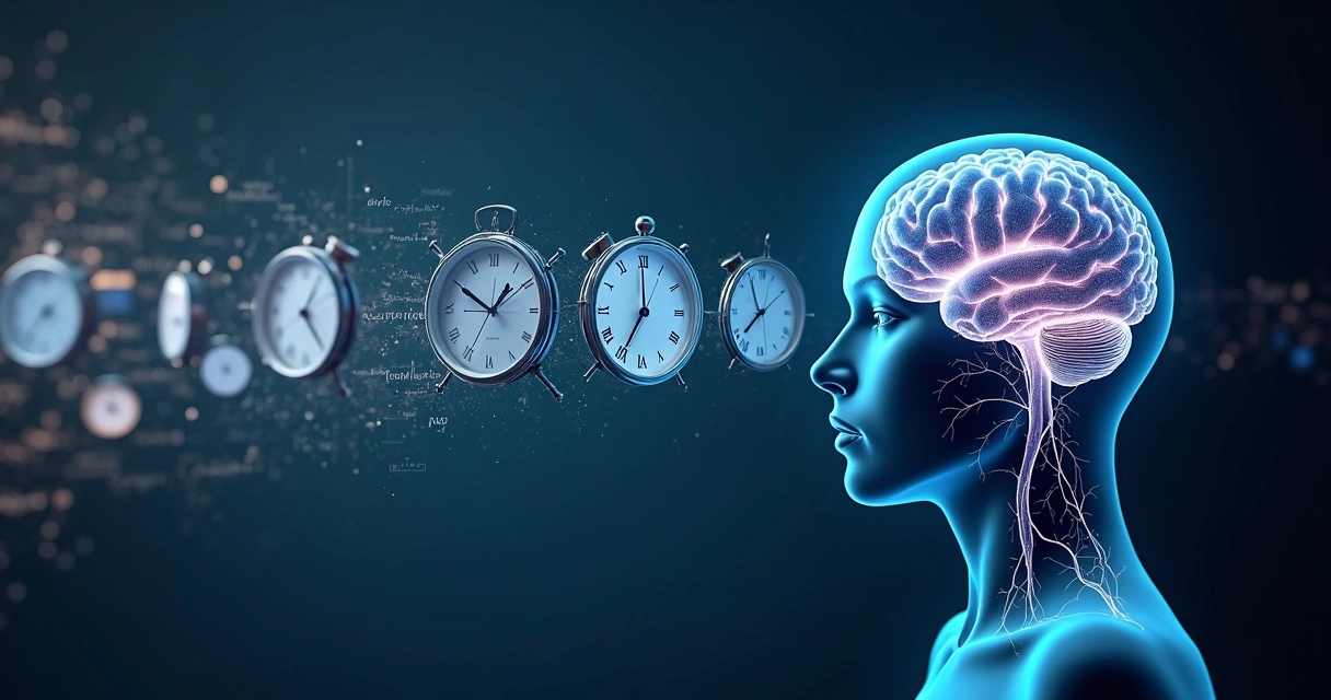 Cérebro humano com relógios distorcidos representando a percepção subjetiva do tempo 