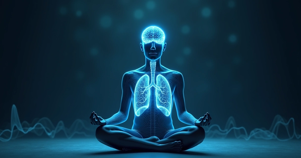 Person meditating with brain and lungs highlighted in blue light 