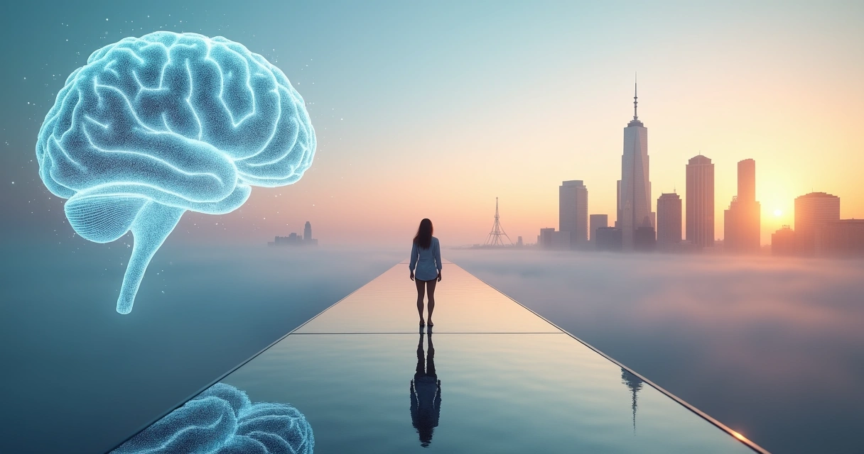 Leader on glass bridge between stylized brain and city skyline 